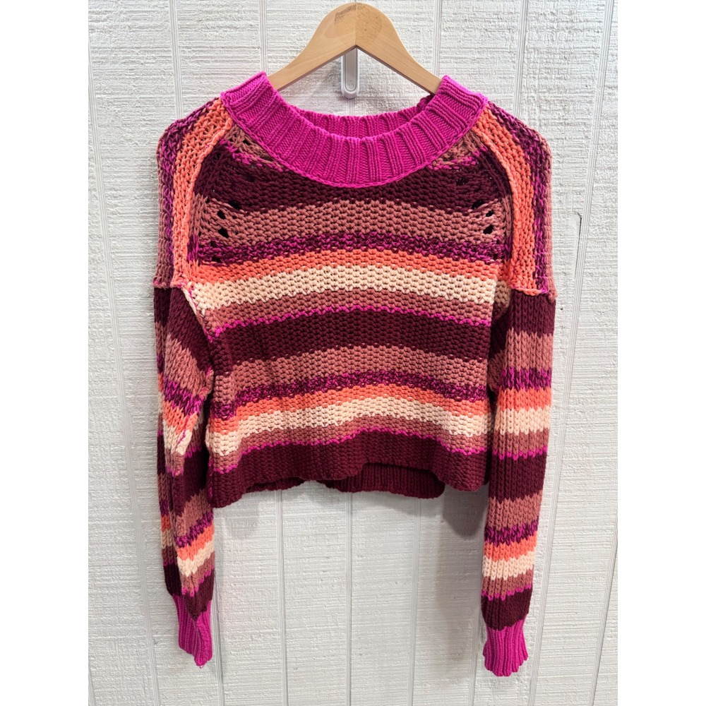 Free People Sweater Women Medium Pink Orange Striped Chunky Knit Cropped M